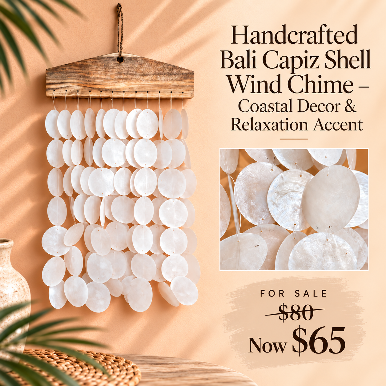 Handcrafted Bali Capiz Shell Wind Chime – Coastal Decor & Relaxation Accent