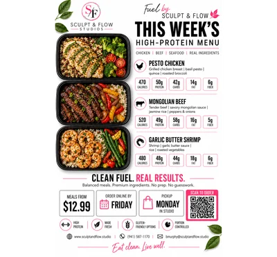 <p style="text-align: center;">Food prep done right for you!&nbsp;</p>
<p style="text-align: center;">&nbsp;</p>
<p style="text-align: center;">Order by Friday, pick up on Monday!</p>