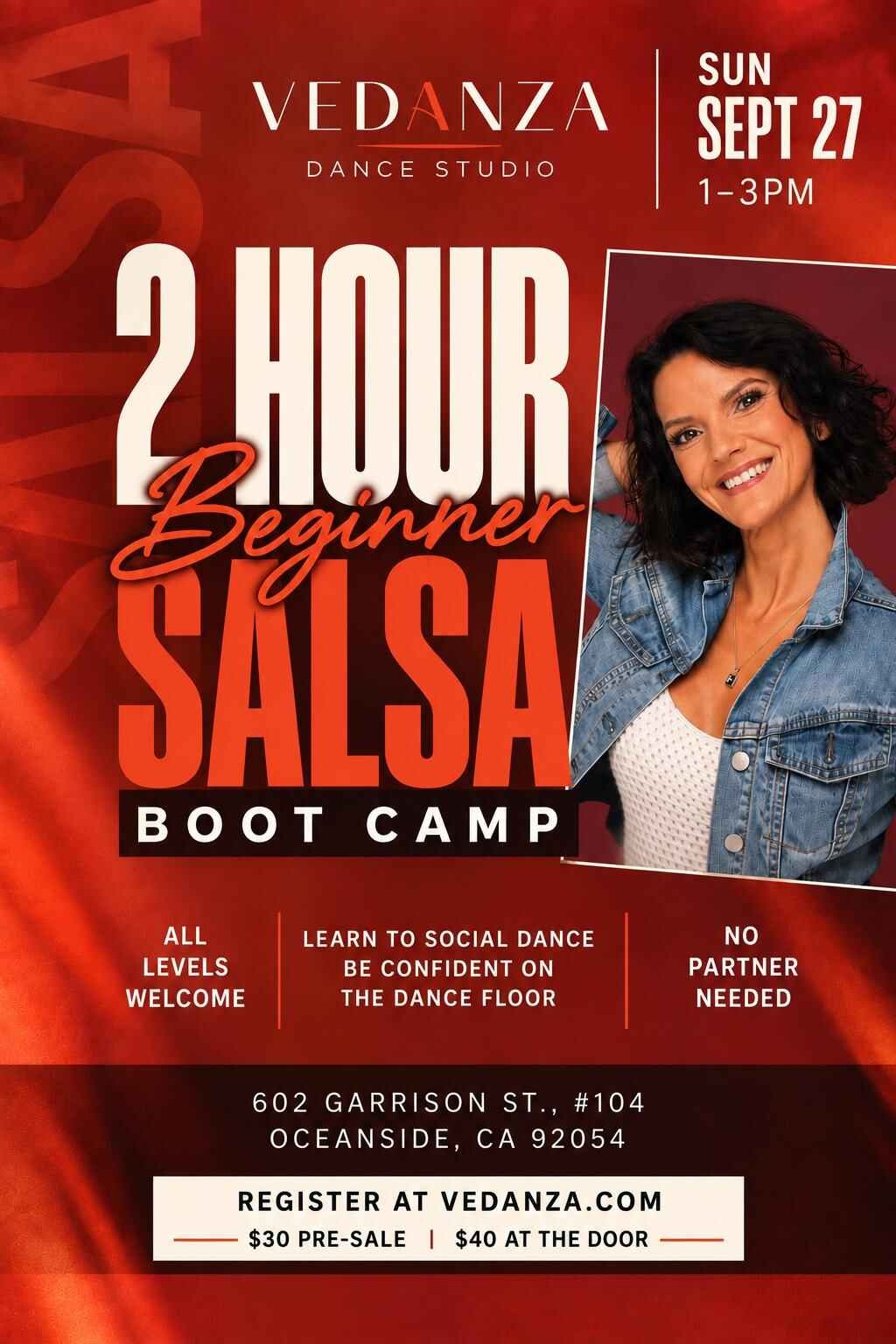 <p>Learn to social dance &amp; be confident on the dance floor.</p>
<p>All levels welcome. No partner needed.</p>
<p>1:00 - 3:00 PM</p>
<p>$30 Pre-Sale | $40 At the Doo</p>