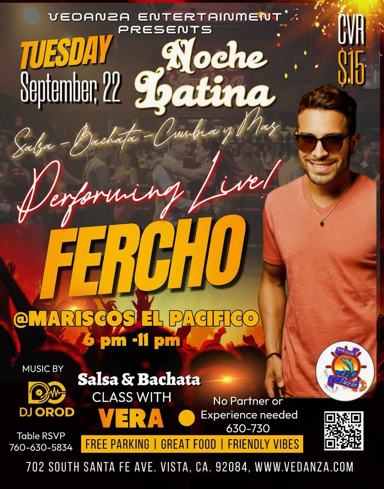 Vedanza Entertainment Salsa and Bachata Tuesdays flyer featuring a silhouetted dancing couple at sunset, with DJ Orod and a Salsa and Bachata class with Vera from 6:30–7:30 PM at Mariscos El Pacific in Vista, California.