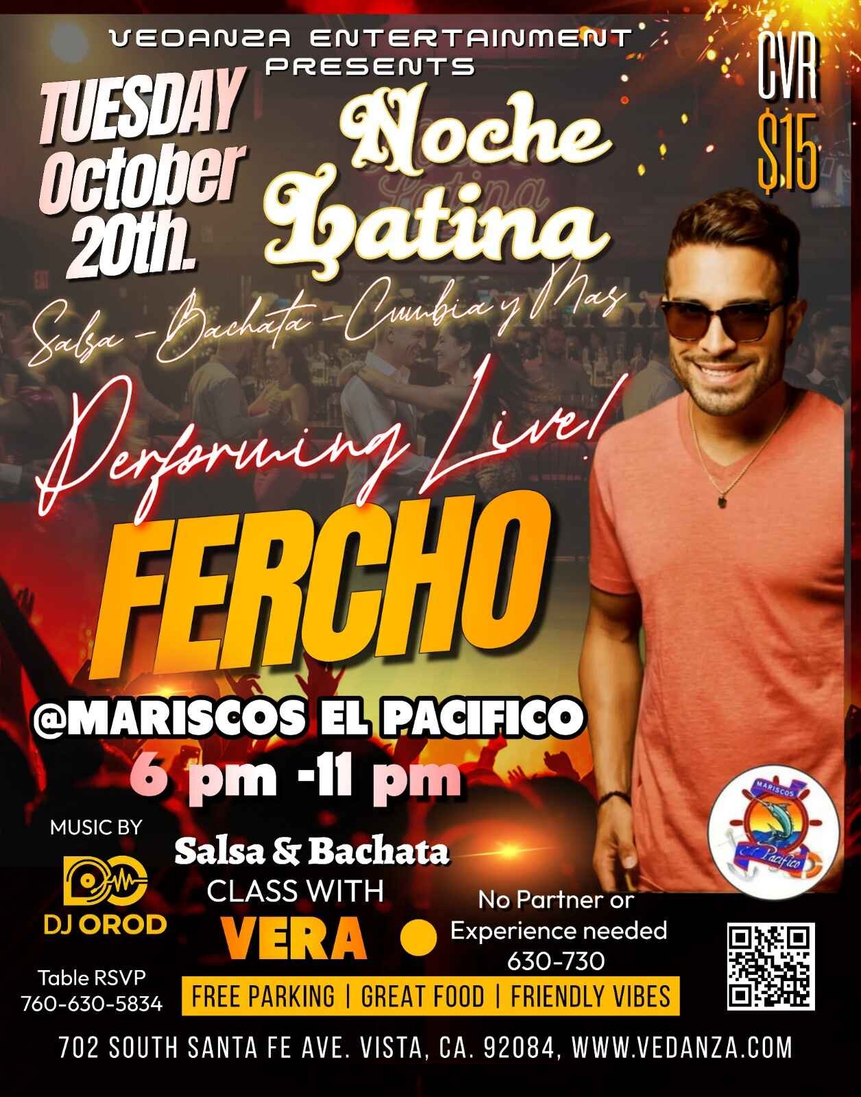 Vedanza Entertainment Salsa and Bachata Tuesdays flyer featuring a silhouetted dancing couple at sunset, with DJ Orod and a Salsa and Bachata class with Vera from 6:30–7:30 PM at Mariscos El Pacific in Vista, California.