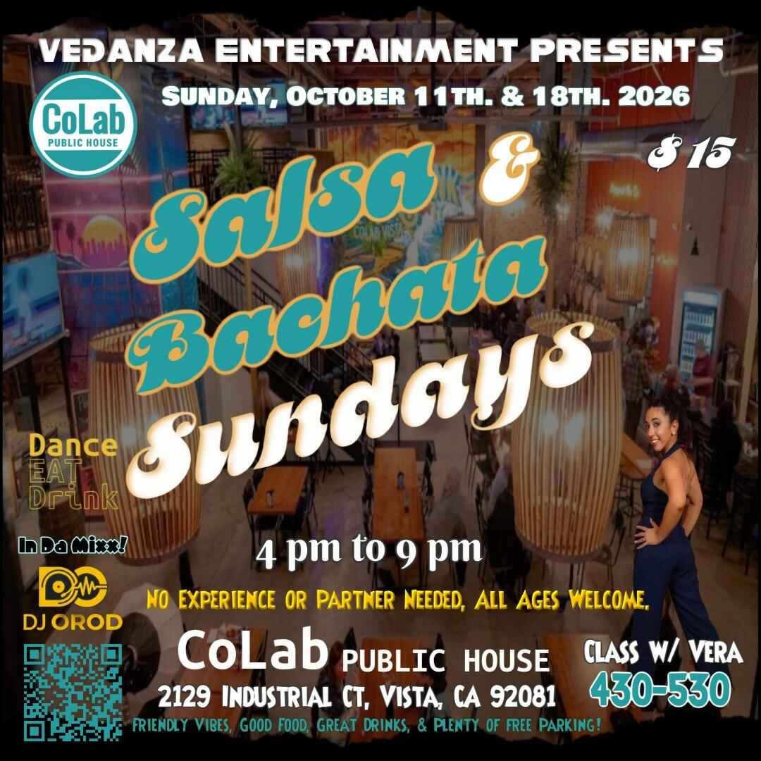 <p>Beginner-friendly Dance Class @ 4:30 PM. No Partner Needed.</p>
<p>Social Dancing Until 9:00 PM</p>
<p>$15 Cover | Free Parking</p>
<p>2129 Industrial Ct., Vista, CA 92081</p>