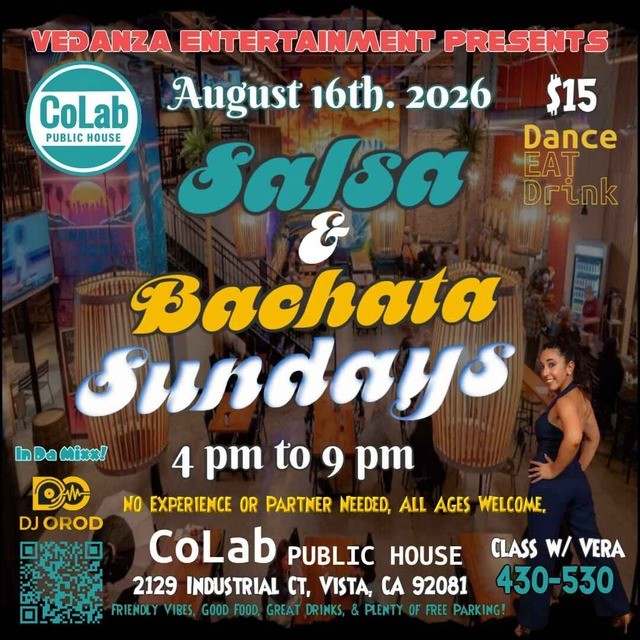 Salsa and Bachata dance social at CoLab Public House in Vista, CA, August 16, 2026, with a beginner-friendly class, DJ OROD, and dancing from 4–9 PM.