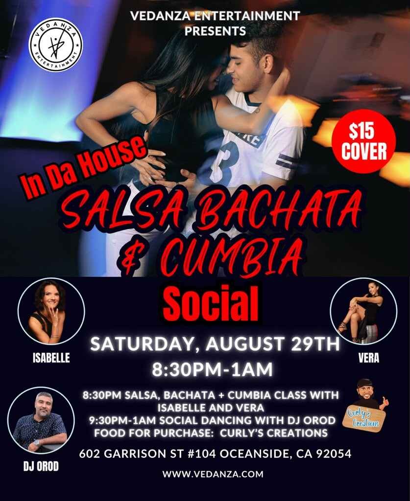 Vedanza Entertainment Salsa, Bachata and Cumbia Social flyer featuring dance instructors Isabel and Vera, DJ Orod, and a social dance event on Saturday, August 29 in Oceanside, California.
