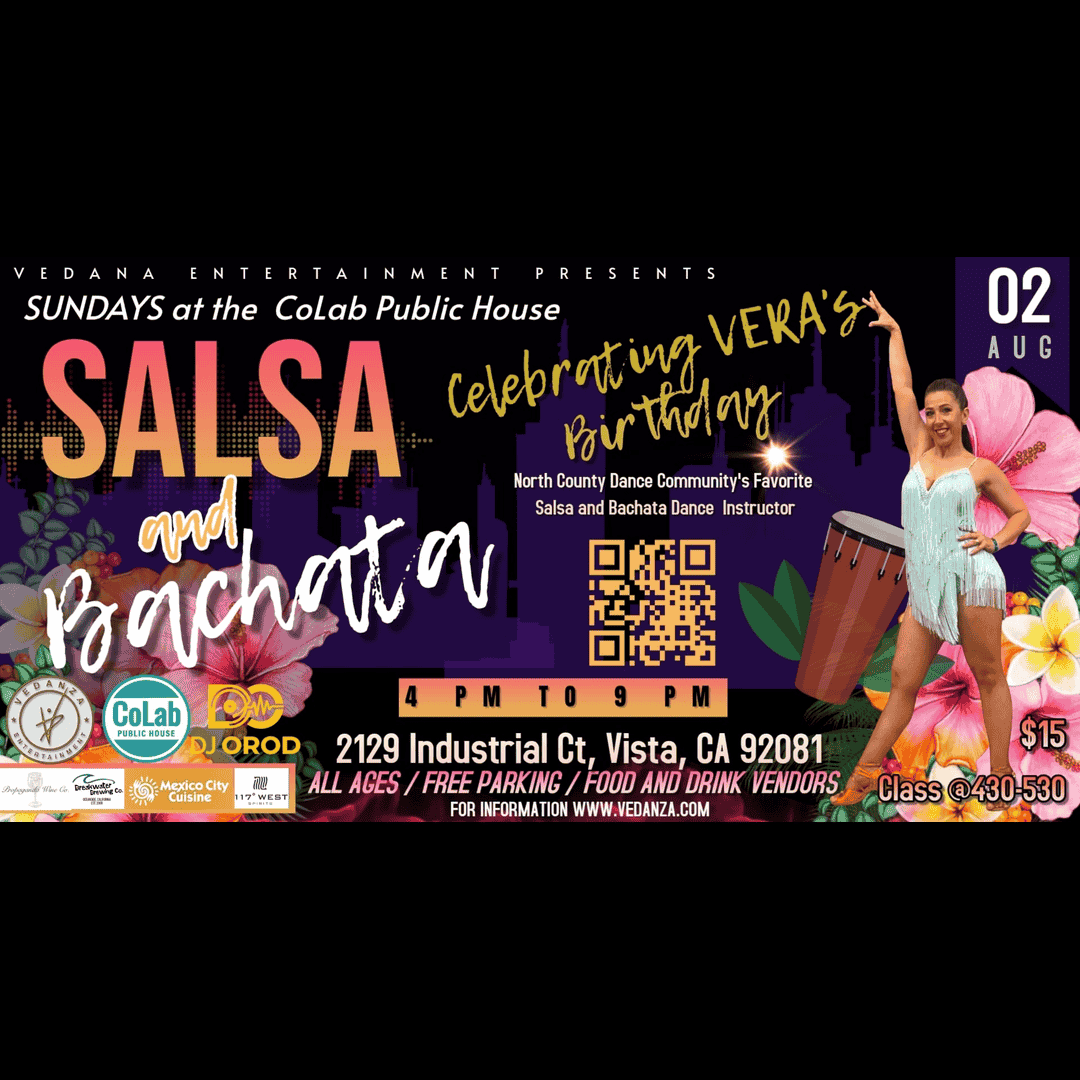 <p>Beginner Class 4:30 PM. No Partner needed</p>
<p>Dancing until 10:00 PM</p>
<p>Free Parking | All Ages</p>
<p>2129 Industrial Ct. Vista 92081</p>