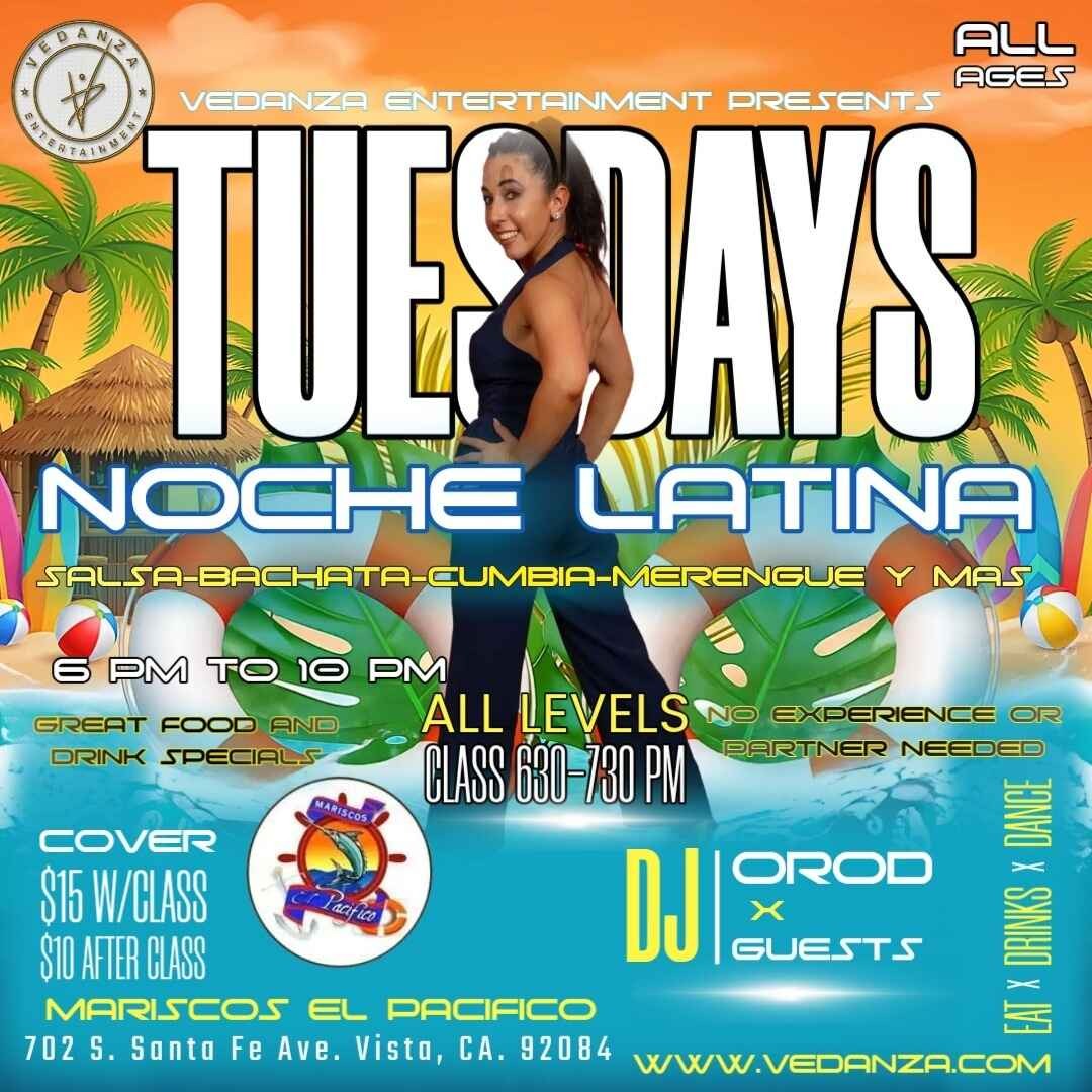 Vedanza Entertainment Salsa and Bachata Tuesdays flyer featuring a silhouetted dancing couple at sunset, with DJ Orod and a Salsa and Bachata class with Vera from 6:30–7:30 PM at Mariscos El Pacific in Vista, California.