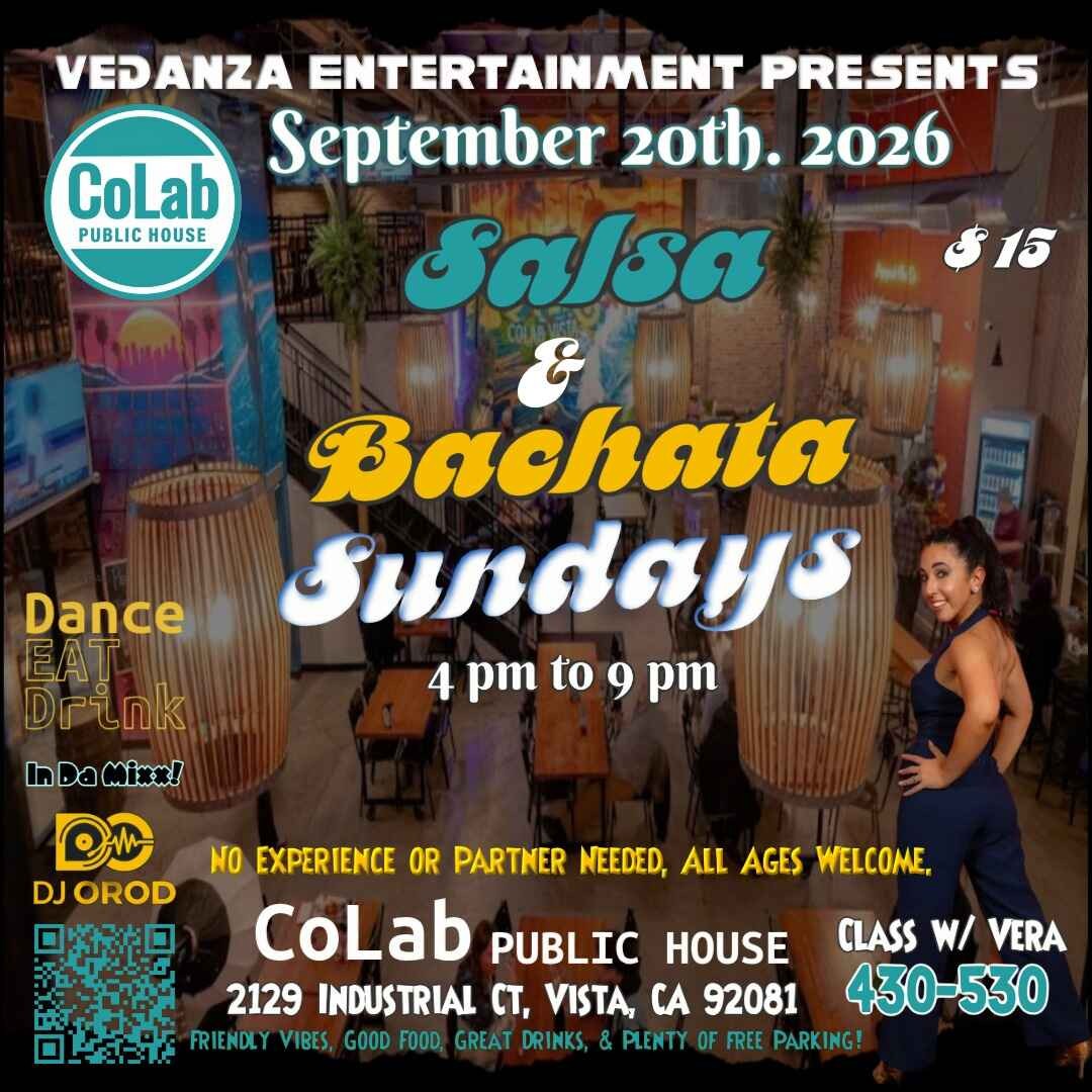 Vedanza Entertainment Salsa, Bachata and Cumbia Social flyer featuring dance instructors Isabel and Vera, DJ Orod, and a social dance event on Saturday, August 29 in Oceanside, California.
