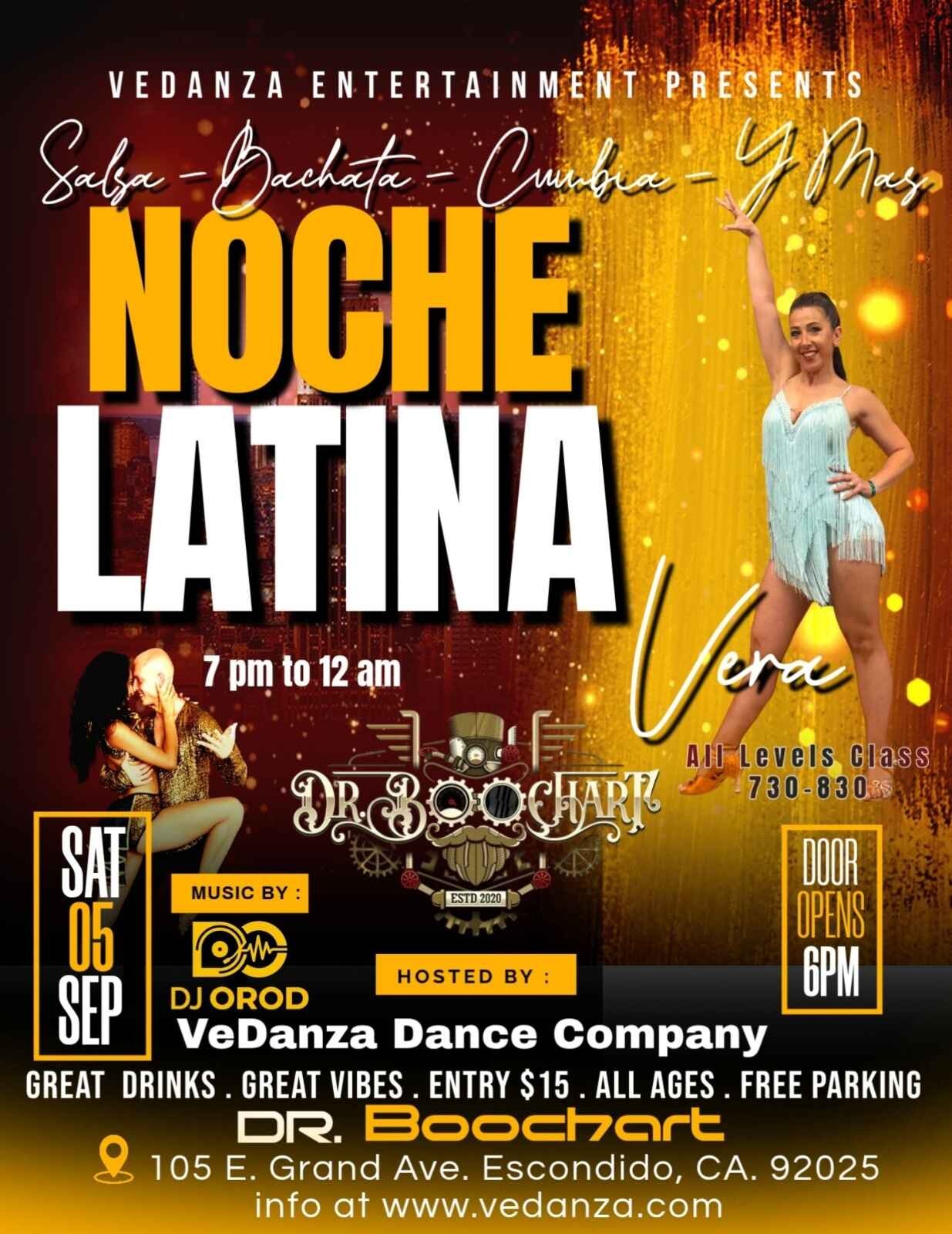 Vedanza Entertainment Salsa, Bachata and Cumbia Social flyer featuring dance instructors Isabel and Vera, DJ Orod, and a social dance event on Saturday, August 29 in Oceanside, California.