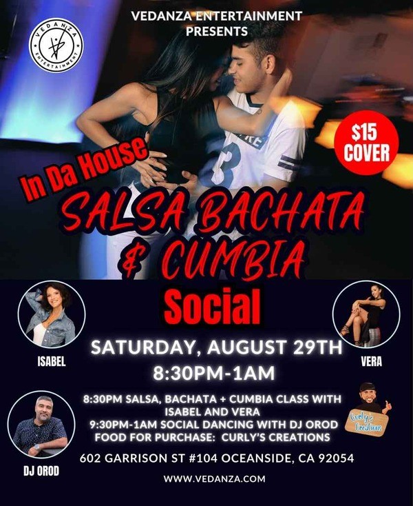 Vedanza Entertainment Salsa, Bachata and Cumbia Social flyer featuring dance instructors Isabel and Vera, DJ Orod, and a social dance event on Saturday, August 29 in Oceanside, California.